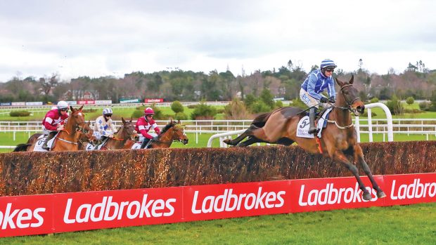 Energumene ridden by Paul Townend (right) clears a fence on their way to winning the Patrick Ward & Co. Solicitors Irish Arkle Novice Chase during day one of the Dublin Racing Festival at Leopardstown Racecourse. Picture date: Saturday February 6, 2021.