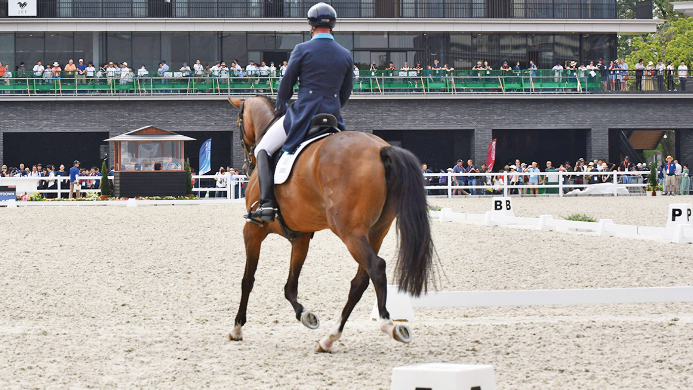 Australia's Andrew Hoy rides Bloom Des Hauts Crets during the equestrian dressage competition, a test event for the Tokyo 2020 Olympic Games, at Equestrian Park in Tokyo on August 12, 2019. (Photo by Kazuhiro NOGI / AFP) (Photo credit should read KAZUHIRO NOGI/AFP via Getty Images)