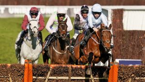 Honeysuckle racehorse CHELTENHAM, ENGLAND - MARCH 16: Rachael Blackmore riding Honeysuckle clear the last to win The Unibet Champion Hurdle Challenge Trophy at Cheltenham Racecourse on March 16, 2021 in Cheltenham, England. Sporting venues around the UK remain under strict restrictions due to the Coronavirus Pandemic as Government social distancing laws prohibit spectators inside venues resulting in events being held behind closed doors. (Photo by Alan Crowhurst/Getty Images)