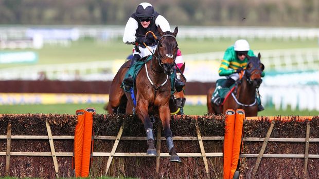 CHELTENHAM, ENGLAND - MARCH 18: Flooring Porter ridden by Danny Mullins clears the last to win the Paddy Power Stayers' Hurdle (Grade 1) during Day Three of the Cheltenham Festival 2021 at Cheltenham Racecourse on March 18, 2021 in Cheltenham, England. Sporting venues around the UK remain under strict restrictions due to the Coronavirus Pandemic as Government social distancing laws prohibit spectators inside venues resulting in events being held behind closed doors. (Photo by Michael Steele/Getty Images)