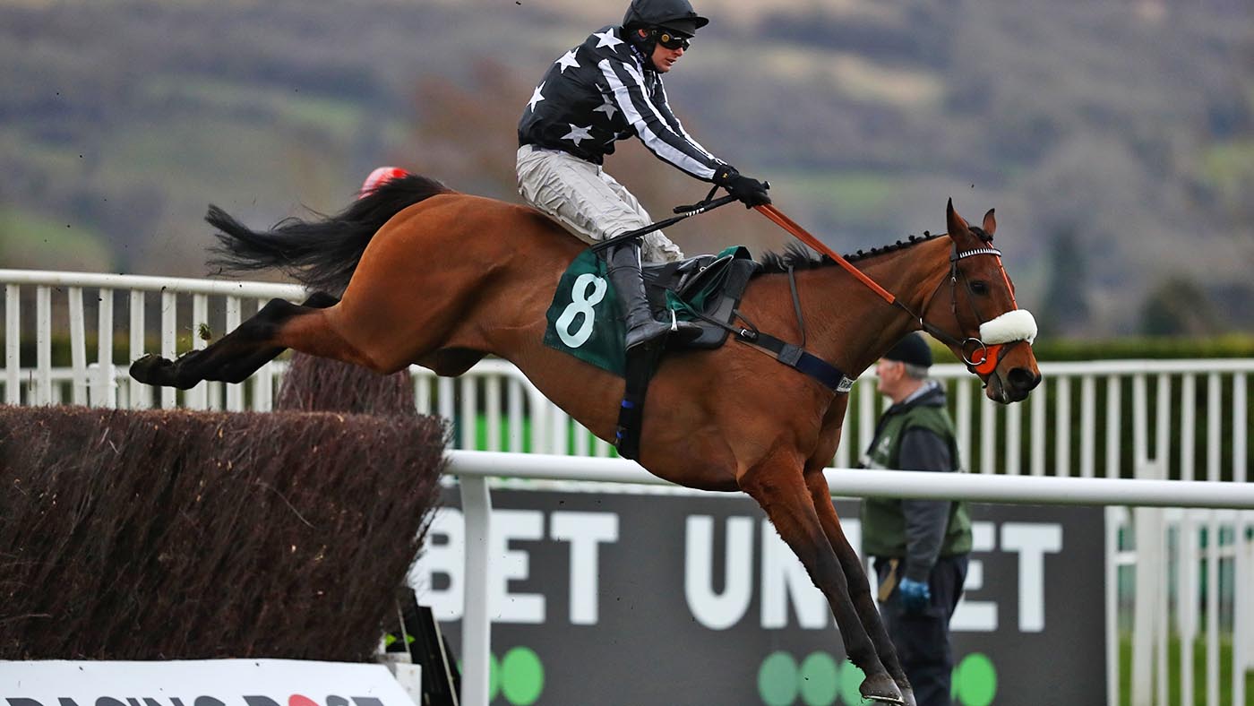 CHELTENHAM, ENGLAND - MARCH 10: Imperial Aura ridden by David Bass jumps the last fence to win the Northern Trust Company Novices' Handicap Chase (Listed) at Cheltenham Racecourse on March 10, 2020 in Cheltenham, England. (Photo by Michael Steele/Getty Images)