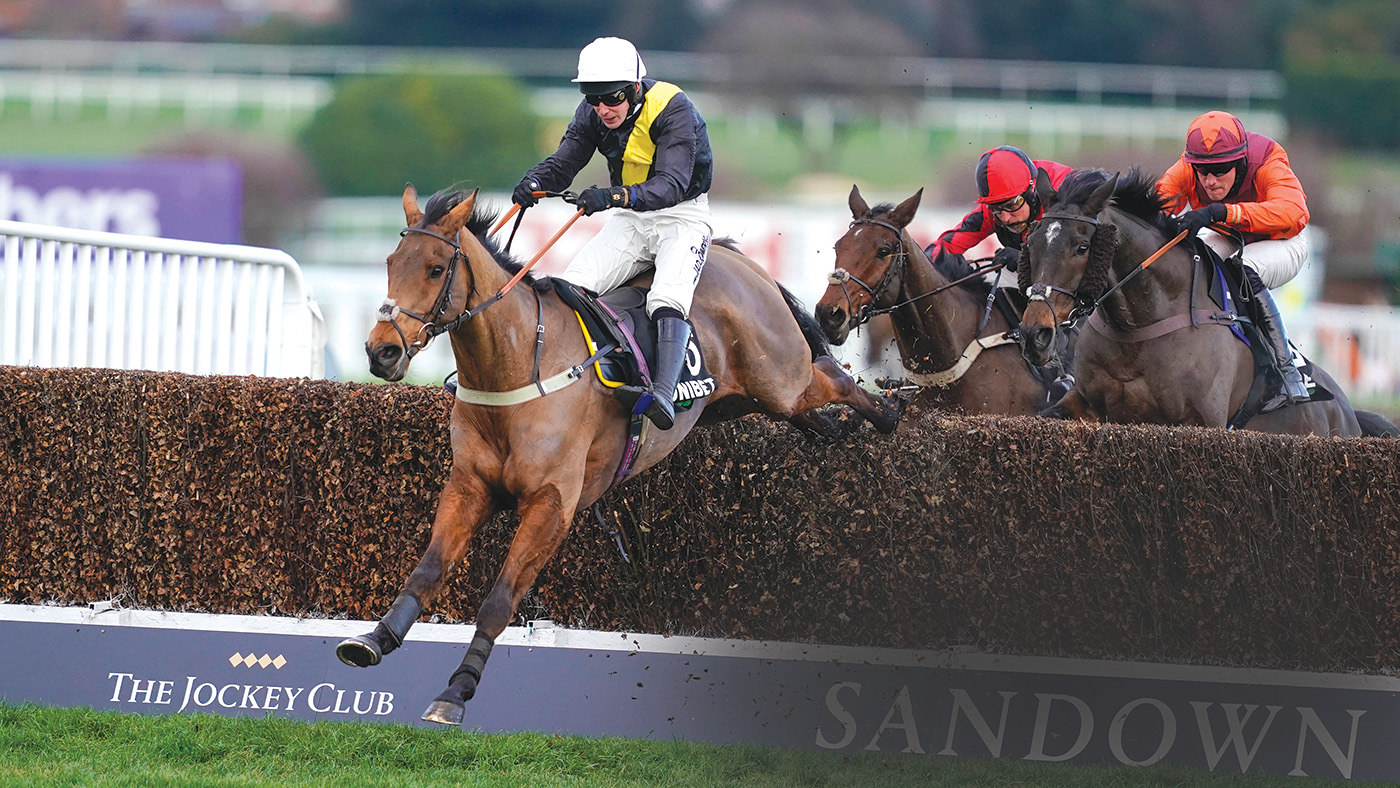 ESHER, ENGLAND - JANUARY 02: Ryan Mania riding Seeyouatmidnight (L) clear the last to win The Unibet Veterans' Handicap Chase at Sandown Park Racecourse on January 02, 2021 in Esher, England. Due to the Coronavirus pandemic, owners along with the paying public will not be allowed to attend the meeting. (Photo by Alan Crowhurst/Getty Images)
