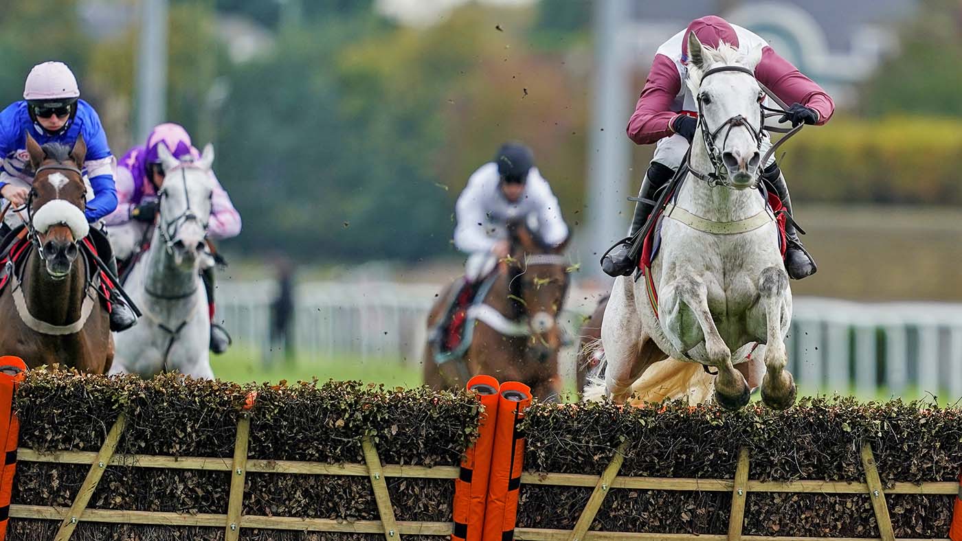 SUNBURY, ENGLAND - OCTOBER 18: Tom O'Brien riding Silver Streak clear the last to win The Racing TV Hurdle at Kempton Park Racecourse on October 18, 2020 in Sunbury, England. Owners are allowed to attend if they have a runner at the meeting otherwise racing remains behind closed doors to the public due to the Coronavirus pandemic. (Photo by Alan Crowhurst/Getty Images)