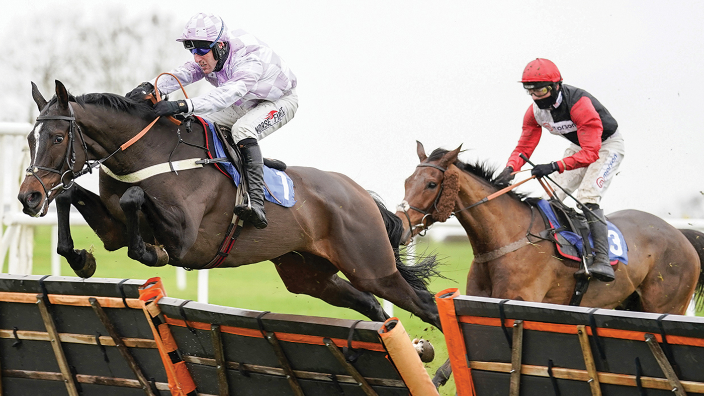 Robbie Power riding Striking A Pose (L) clear the last to win The Racing TV Profits Returned To Racing 'National Hunt' Novices' Handicap Hurdle at Wincanton Racecourse.