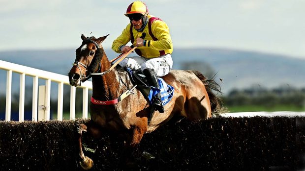 Meath , Ireland - 5 April 2021; Freewheelin Dylan, with Ricky Doyle up, jumps the last on their way to winning the BoyleSports Irish Grand National Steeplechase during day three of the Fairyhouse Easter Festival at the Fairyhouse Racecourse in Ratoath, Meath. (Photo By Harry Murphy/Sportsfile via Getty Images)