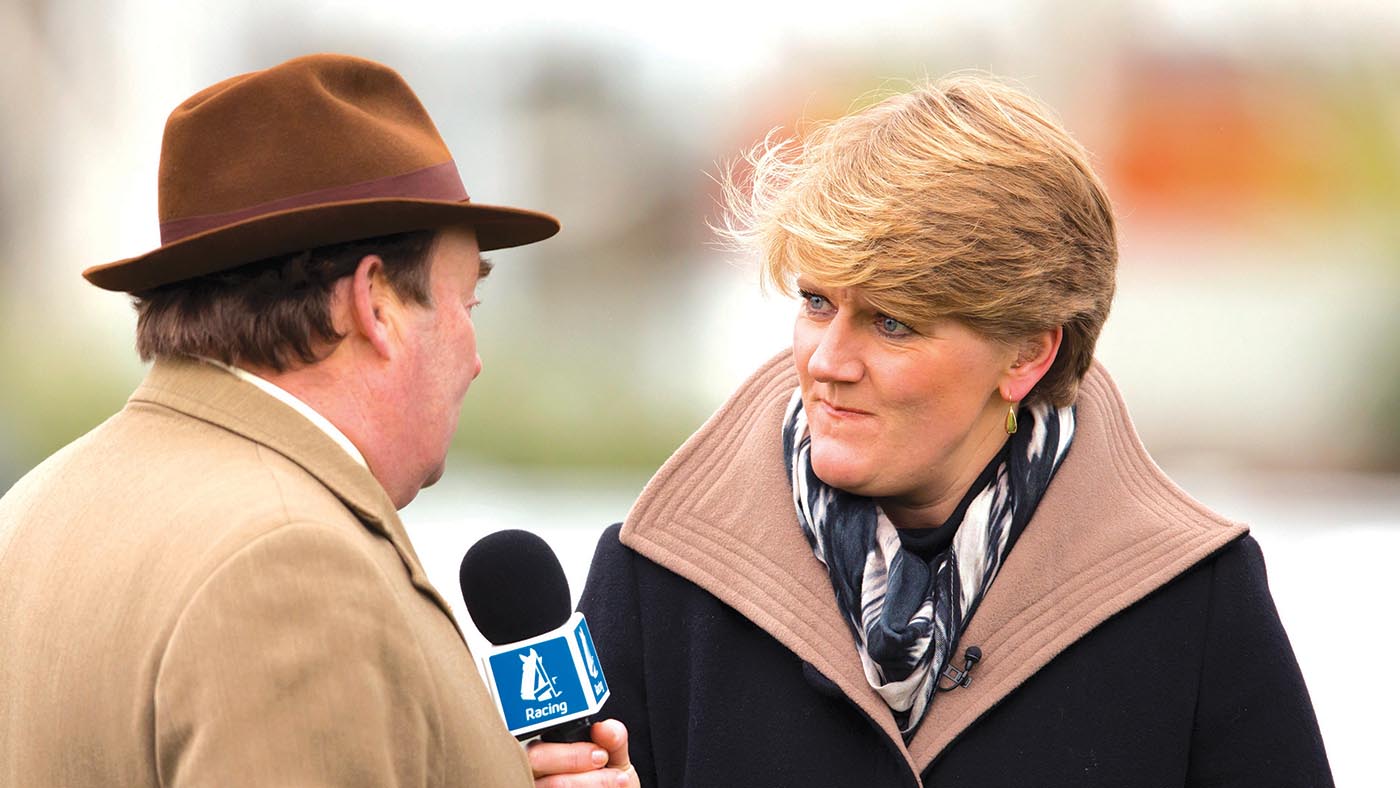 CHELTENHAM, UNITED KINGDOM - JANUARY 26: (EMBARGOED FOR PUBLICATION IN UK NEWSPAPERS UNTIL 48 HOURS AFTER CREATE DATE AND TIME) Clare Balding interviews racehorse trainer Nicky Henderson during her first live racing broadcast for Channel 4 Racing at the Festival Trials Day at Cheltenham Racecourse on January 26, 2013 in Cheltenham, England. Clare Balding heads up the new team of presenters for Channel 4 Racing. (Photo by Indigo/Getty Images)