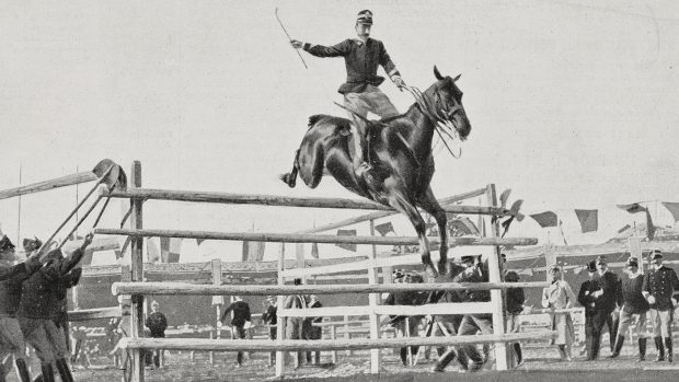 Captain Federico Caprilli (1868-1907), horseriding Melopo, winning the high jump world record at the International Horse Show in Turin, Italy, photo by Giacomo Barbaroux, from L'illustrazione Italiana, Year XXIX, No 25, June 22, 1902.