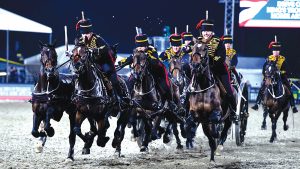 The Musical Drive of The King's Troop Royal Artillery during the Royal Windsor Horse Show in the private grounds of Windsor Castle, in Windsor in the county of Berkshire, UK on 12th May 2018