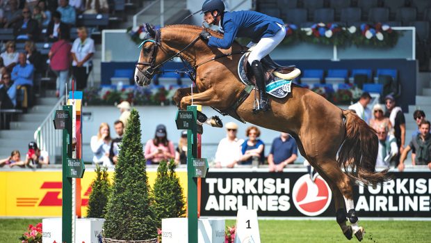 July 17, 2019 - Aachen, Germany - DANIEL DEUSSER of Germany jumps an oxer on Scuderia 1918 Tobago Z to finish third in Prize of Europe during the World Equestrian Festival CHIO Aachen in Germany. (Credit Image: √?¬?√?¬© Martin Dokoupil/ZUMA Wire)