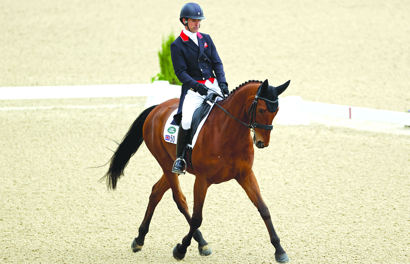 LEXINGTON, KENTUCKY - APRIL 23: Harry Meade of Great Britain atop Superstition competes in the Dressage Phase during the Land Rover Kentucky Three-Day Event at Kentucky Horse Park on April 23, 2021 in Lexington, Kentucky. (Photo by Dylan Buell/Getty Images)