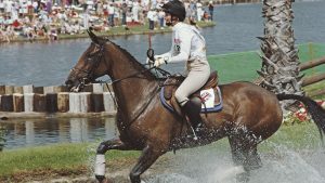 British equestrian Virginia Leng (Virginia Holgate) pictured in action for the Great Britain team on her horse 'Priceless' at the water hazard during competition to finish in 3rd place to win the bronze medal in the Mixed Three-Day event, Individual equestrian event at the 1984 Summer Olympics at Fairbanks Ranch near Los Angeles in California, United States on 1st August 1984. (Photo by Professional Sport/Popperfoto via Getty Images/Getty Images)