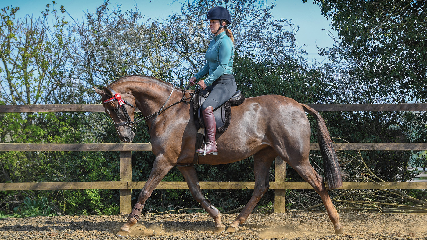 Christina riding Pendley Fleurrie Star (Fleur) at Christina and Kevin Gillett yard, in the village of Little Downham near Ely in Cambridgeshire in the UK on the 19th April 2021