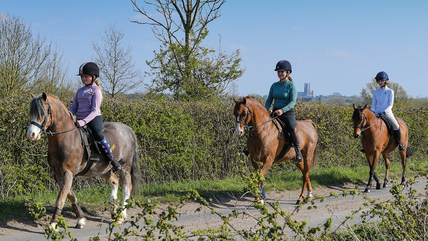 Thisltedown Jambo (Jambo) ridden by Scarlett Doswell, Warleigh Blushing Groom (Joey) ridden by Christina and Westerdale Forget Me Not Too (CJ) ridden by Ruby Murfitt at Christina and Kevin Gillett yard, in the village of Little Downham near Ely in Cambridgeshire in the UK on the 19th April 2021