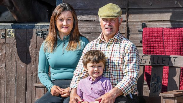 Palmfields Night Dancer (Ellie) with Christina, Kevin and Lewis at Christina and Kevin Gillett yard, in the village of Little Downham near Ely in Cambridgeshire in the UK on the 19th April 2021