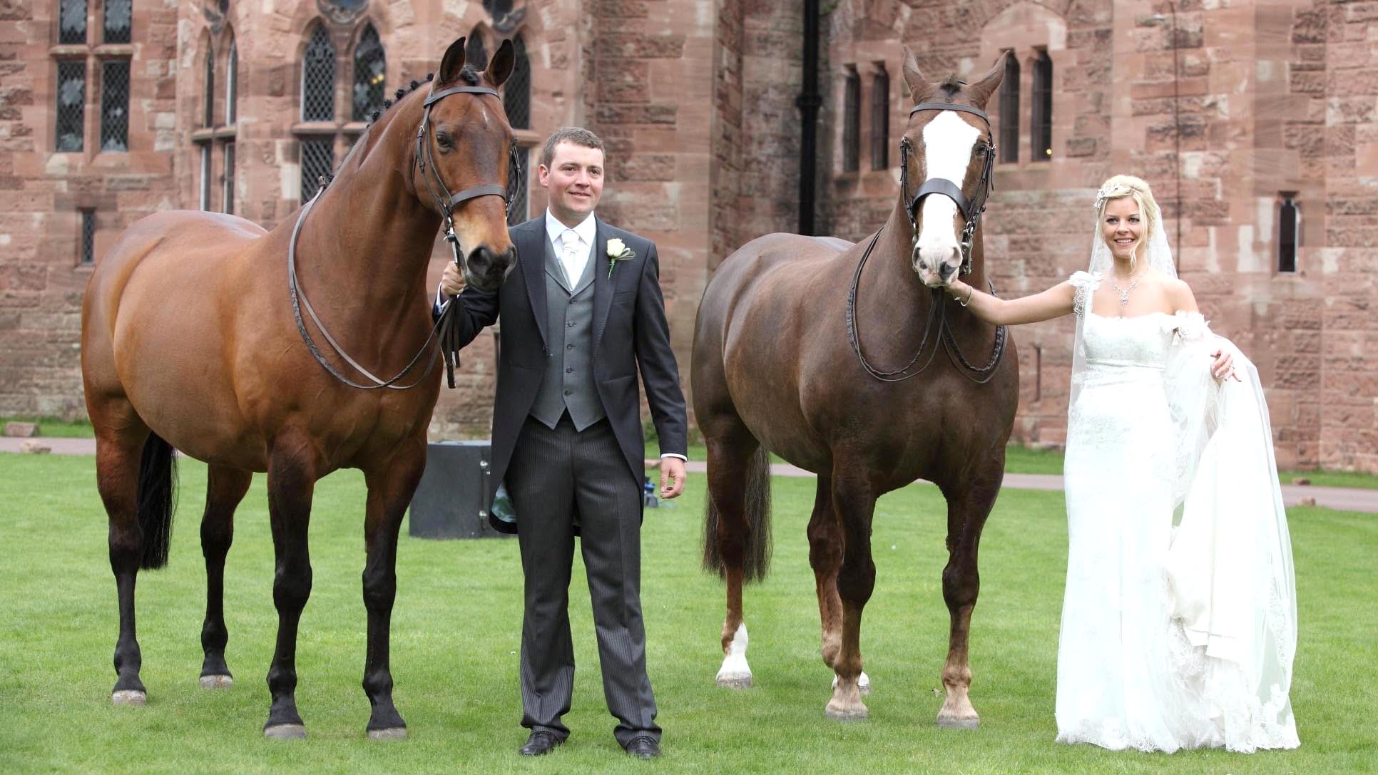 Heather and Tom Clay with The Raindow Hunter and Hallmark at their wedding at Peckforton Castle.