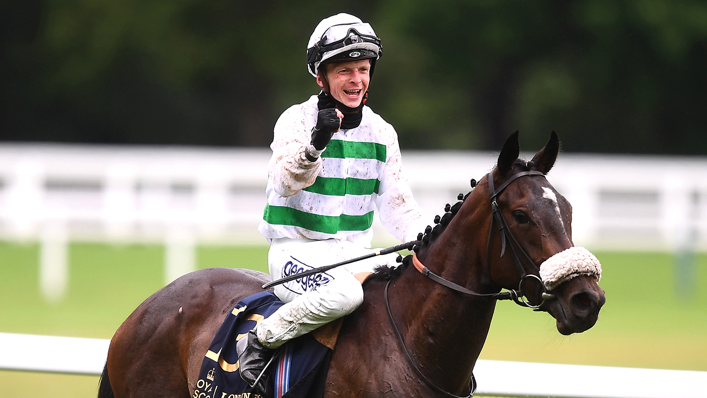 ASCOT, ENGLAND - JUNE 18: David Probert celebrates on board Sandrine after winning the Albany Stakes on Day Four of the Royal Ascot Meeting at Ascot Racecourse on June 18, 2021 in Ascot, England. A total of twelve thousand racegoers made up of Owners and the Public are permitted to attend the meeting due to it being an Events Research Programme (ERP) set up by the government due to the Coronavirus Pandemic. (Photo by Harry Trump/Getty Images)