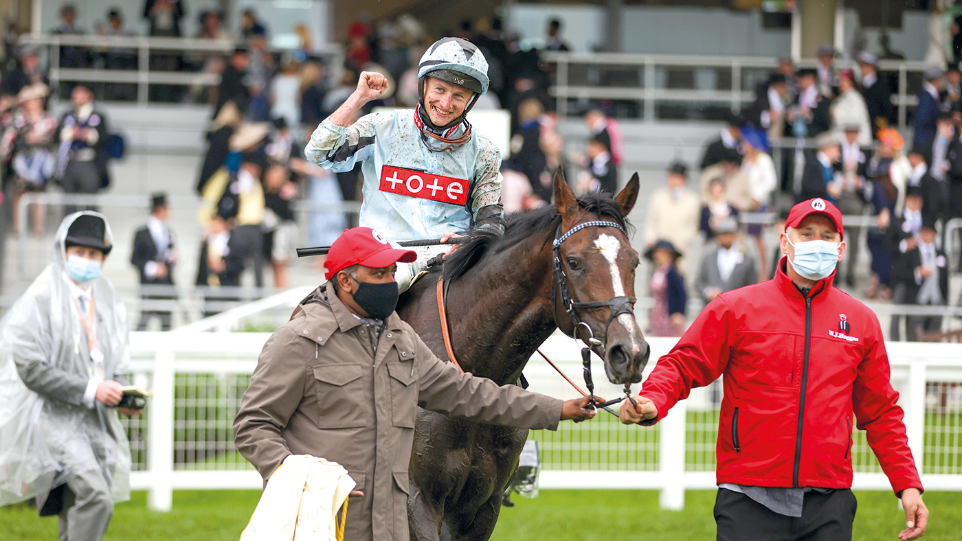 Alenquer ridden by Tom Marquand celebrates winning the King Edward VII Stakes during day four of Royal Ascot at Ascot Racecourse. Picture date: Friday June 18, 2021. Above: