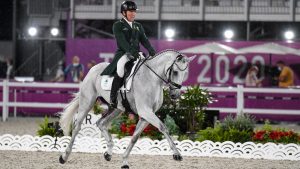 Austin O’Connor competing in the Olympic eventing dressage phase aboard Colorado Blue.
