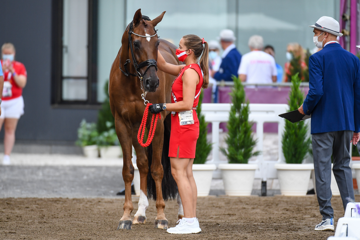 Danish dressage rider Cathrine Dufour with her Tokyo Olympic ride Bohemian, pictured at the trot-up