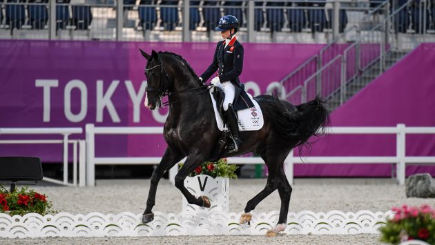 Britain's Lottie Fry rides Everdale in the grand prix at the Tokyo Olympic dressage