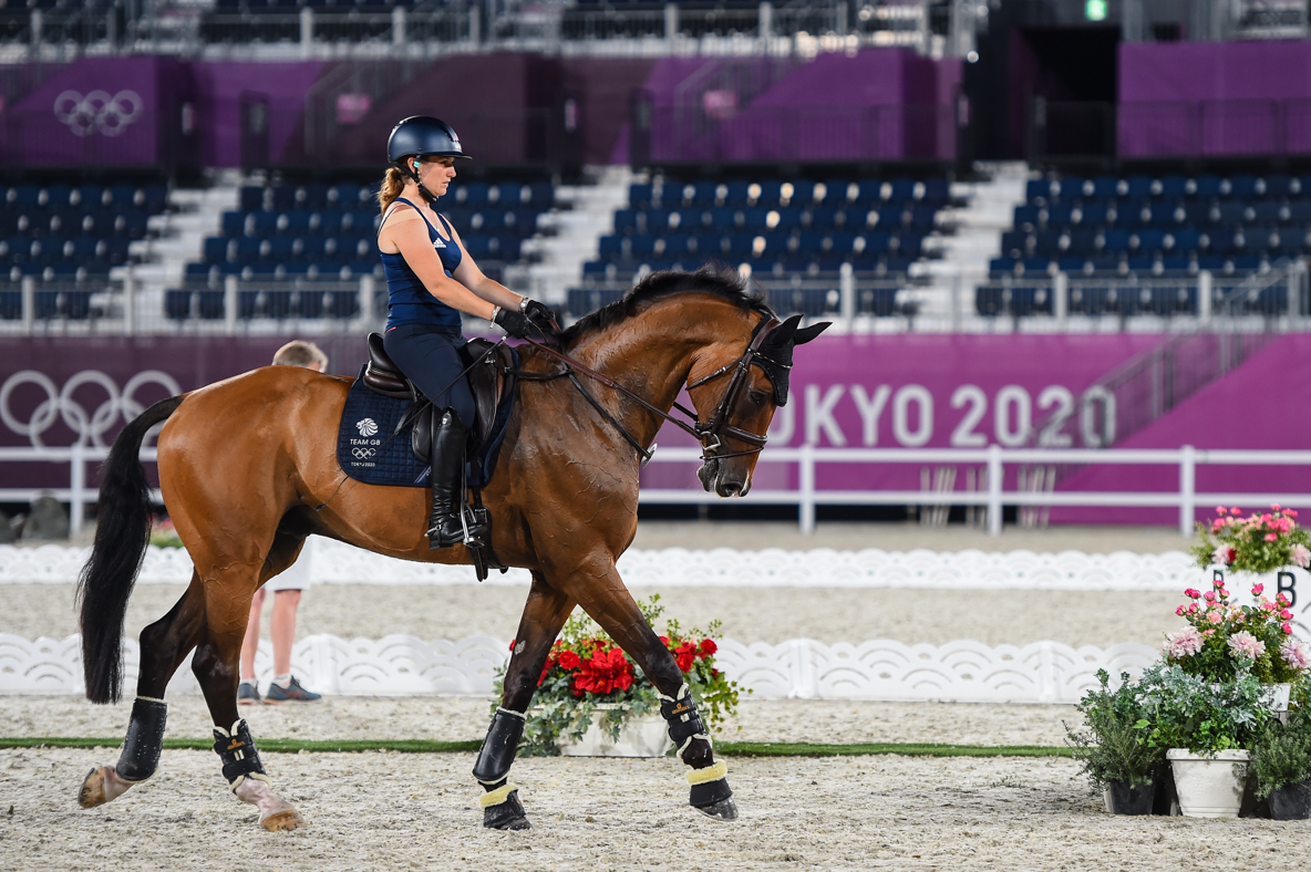 Laura Collett and London 52 during arena familiarisation in Tokyo