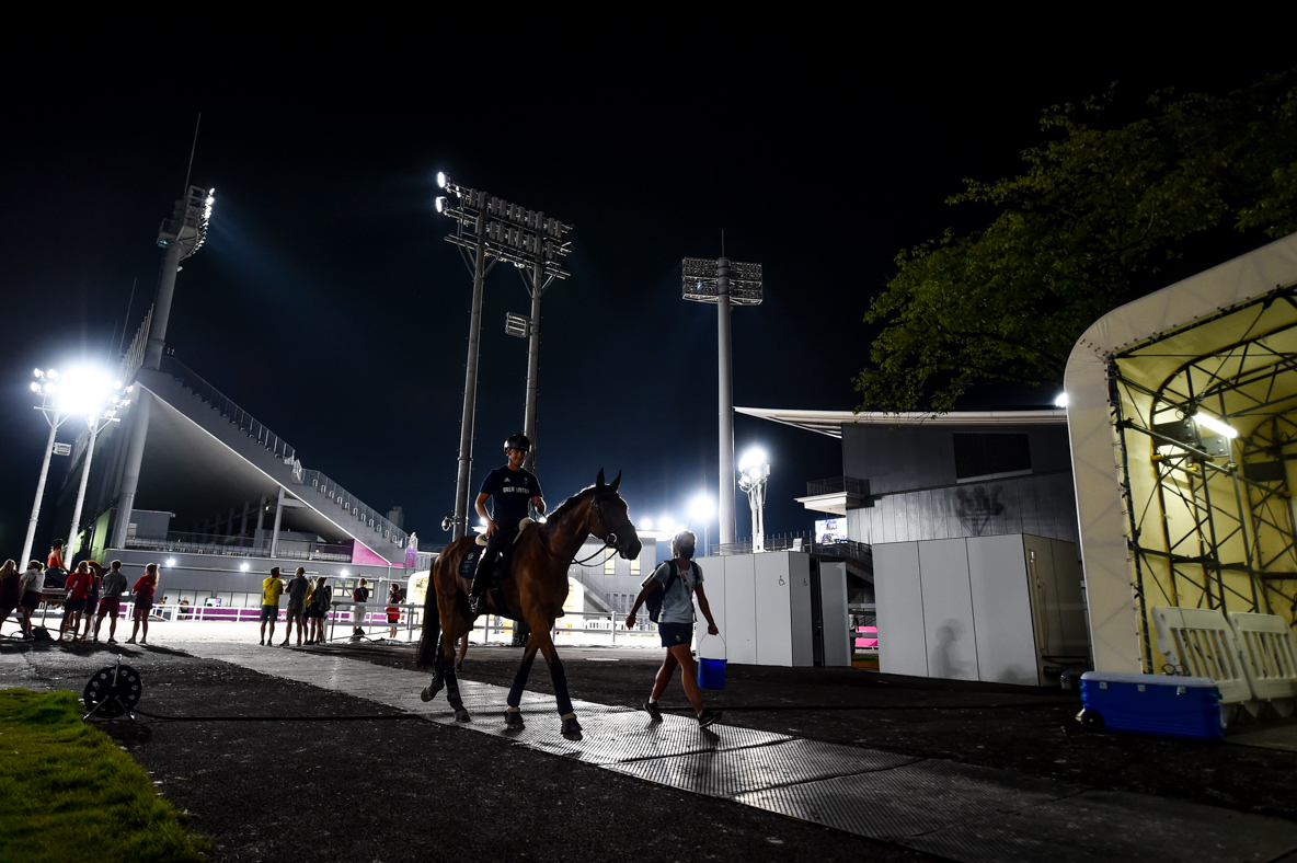 Olympic event horses in Tokyo: Tom McEwen and Toledo De Kerser coming out of the main ring after arena familiarisation