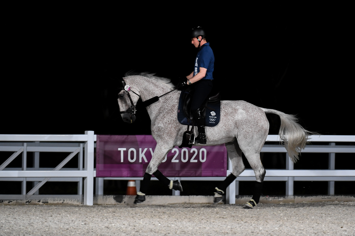 Oliver Townend and Ballaghmor Class during arena familiarisation in Tokyo