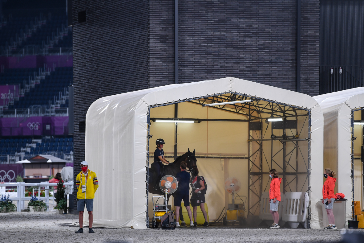 Olympic event horses in Tokyo: Ros Canter and Allstar B in the cooling tent after arena familiarisation