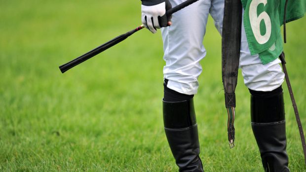Racing whip rules: image shows an unidentifiable jockey holding a whip
