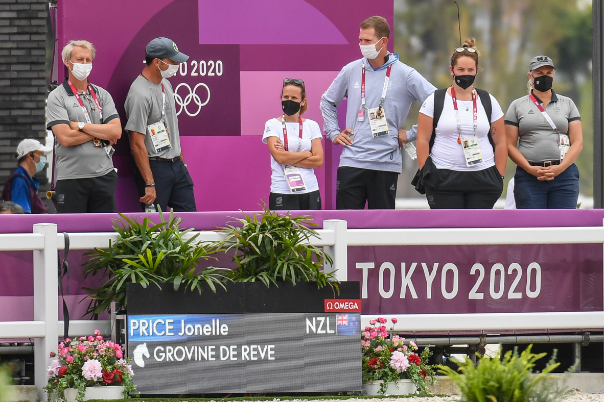 Tokyo Olympic eventing team pathfinder Jonelle Price’s support team watch her test