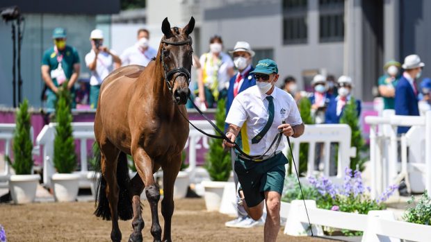 Australia's Stuart Tinney with Leporis during the first horse inspection at the Tokyo 2020 Olympic Games