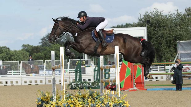 Adrian Speight and Millfield Baloney jump to victory in the international stairway final at the British Showjumping national championships