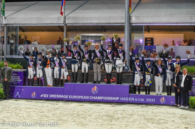 under-25 European Dressage Championship 2021 podium: Germany win gold, The Netherlands win silver and Sweden win bronze