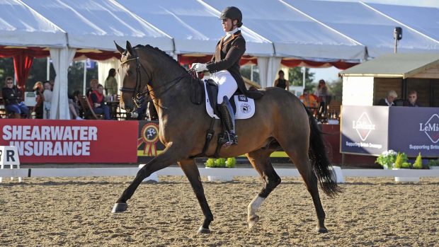Becky Moody rides Jagerbomb to victory in the seven year old young horse championship at the Lemeiux National Dressage Championships.