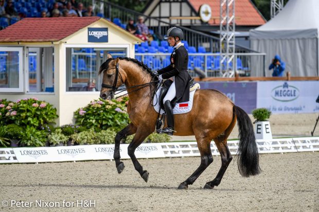 Katarzyna Millczarek riding Guano Guapo, the buckskin dressage horse, at the European Dressage Championships in Hagen, Germany