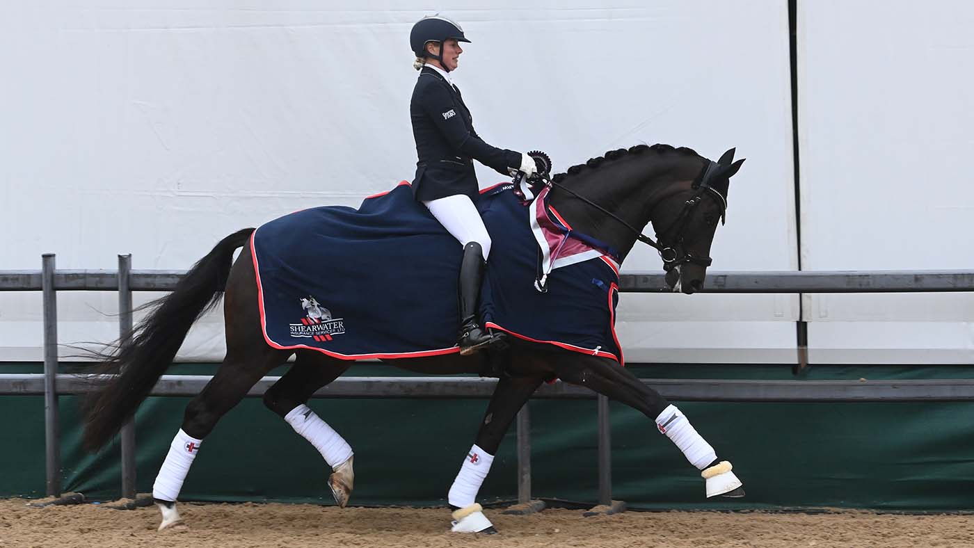 Sadie Smith riding Swanmore Dantino to win the six-year-old young dressage horse final at the National Dressage Championships