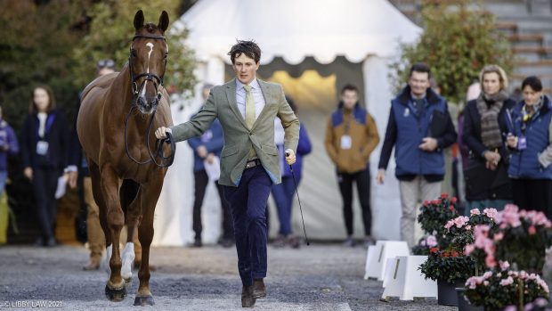 Pau Horse Trials cross-country start times: the 2019 winning rider Tom McEwen, pictured here at the first horse inspection aboard his 2021 mount CHF Cooliser.