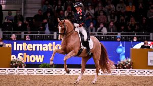 Charlotte Dujardin and Gio en route to winning the London Horse Show dressage freestyle