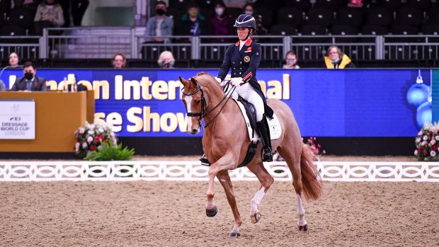 Charlotte Dujardin and Gio competing in the London Horse Show dressage grand prix in 2021