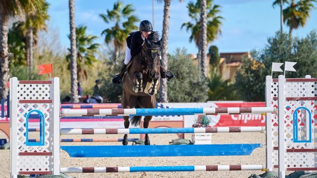 Oisin Murphy rides his nine-year-old mare Medusa Van De Kooldries to win the CSI1* bronze tour accumulator in Spain.