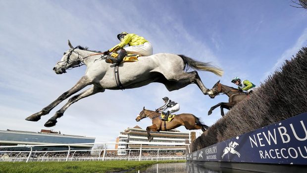 NEWBURY, ENGLAND - FEBRUARY 12: Brendan Powell riding Eldorado Allen (yellow) clear the water jump before going on to win The Betfair Denman Chase at Newbury Racecourse on February 12, 2022 in Newbury, England. (Photo by Alan Crowhurst/Getty Images)