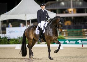 Frederic Wandres and Bluetooth OLD enjoyed a crowd-pleasing one-handed finish at last nights grand prix freestyle at Winter Equestrian Festival