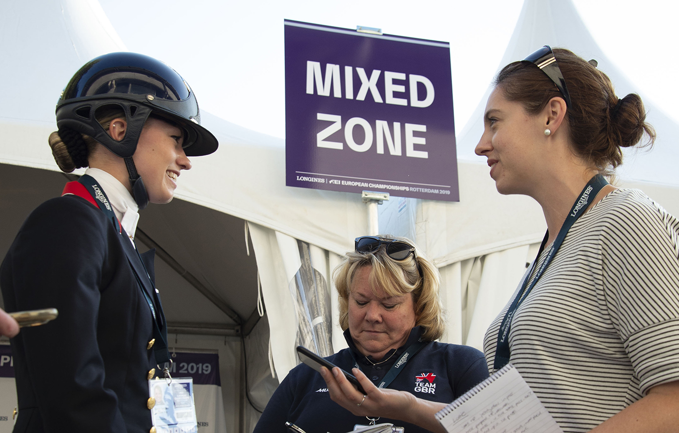 Polly Bryan interviewing Lottie Fry at the 2019 European Dressage Championships in Rotterdam