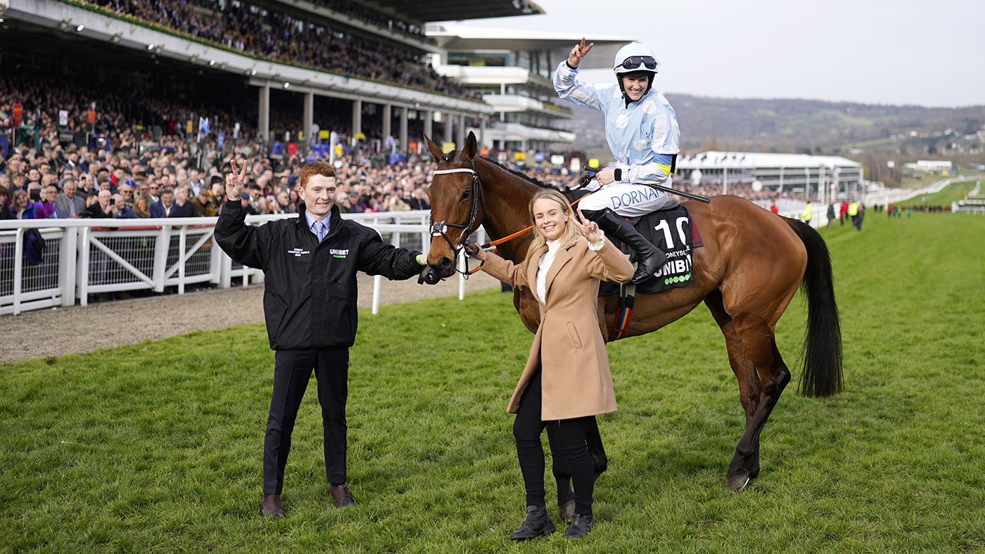 CHELTENHAM, ENGLAND - MARCH 15: Rachel Blackmore on Honeysuckle pose for a photo after winning The Unibet Champion Hurdle race during day one of the Cheltenham Festival 2022 at Cheltenham Racecourse on March 15, 2022 in Cheltenham, England. (Photo by Alan Crowhurst/Getty Images)