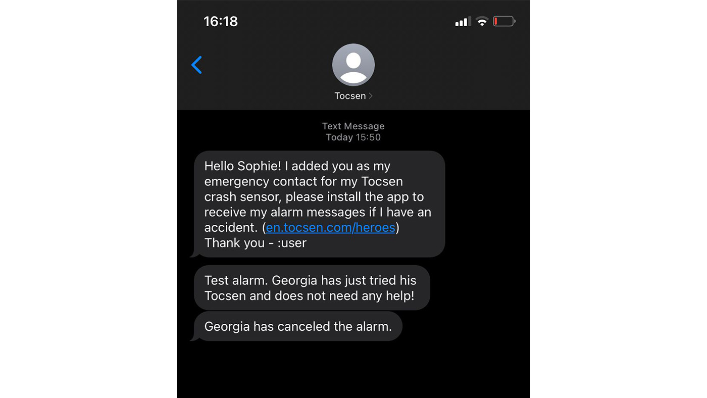 Uvex Tocsen Crash Sensor message to emergency contacts