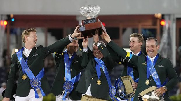 Irish team celebrates winning the Nations Cup at Winter Equestrian Festival