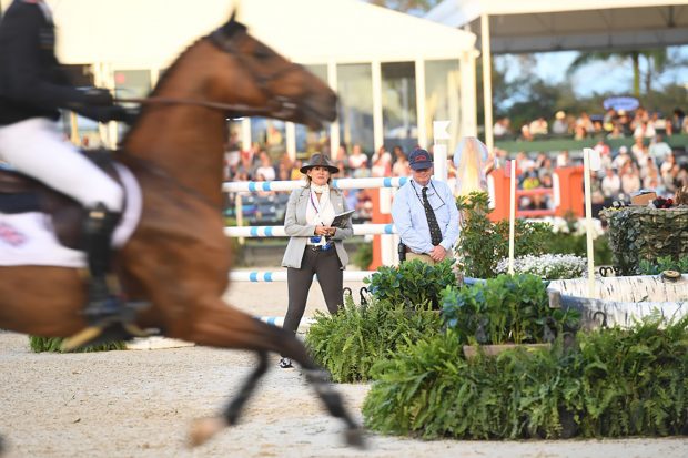 FEI judge Liliana Rivera at the water jump for the Nations Cup at Winter Equestrian Festival