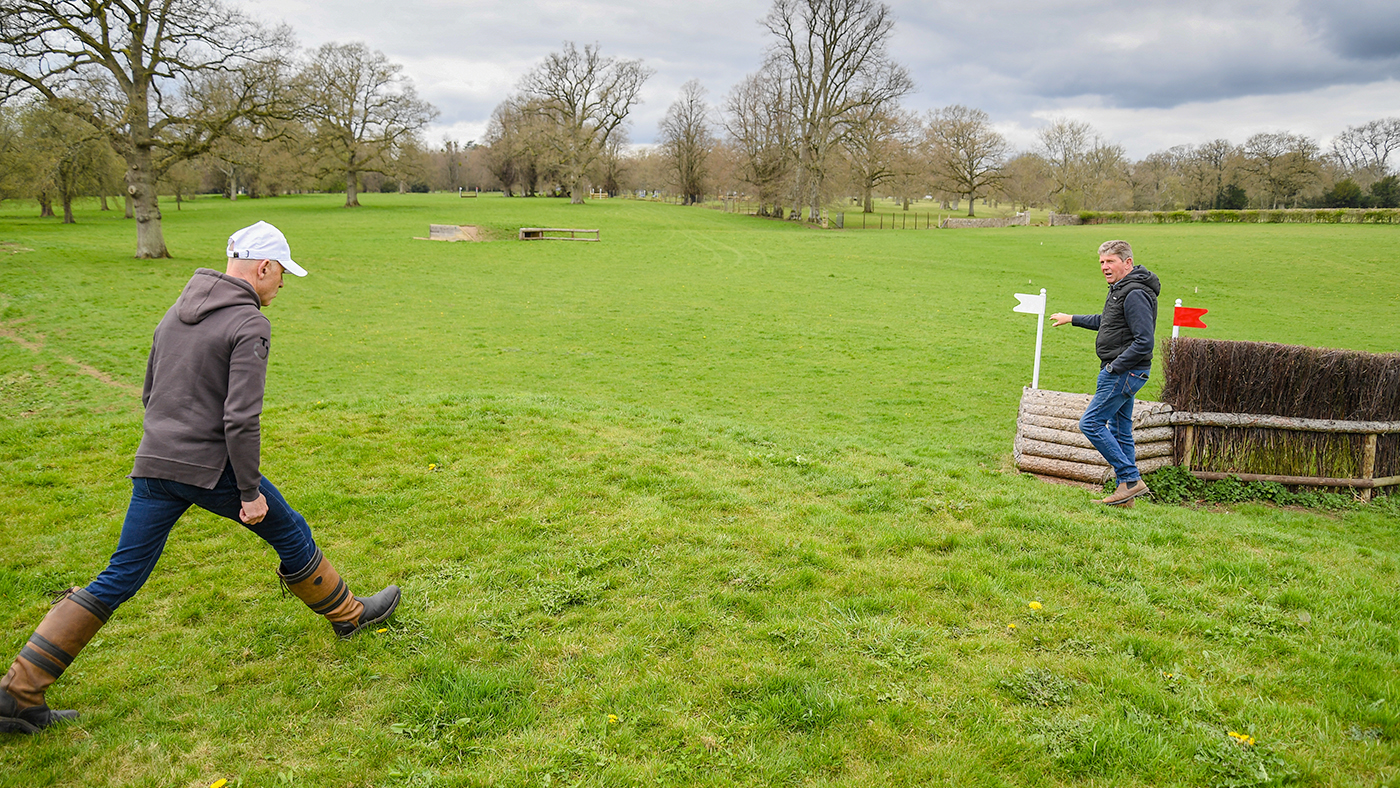 Badminton Horse Trials cross-country course - Andrew Hoy and Eric Winter at the LeMieux Leap