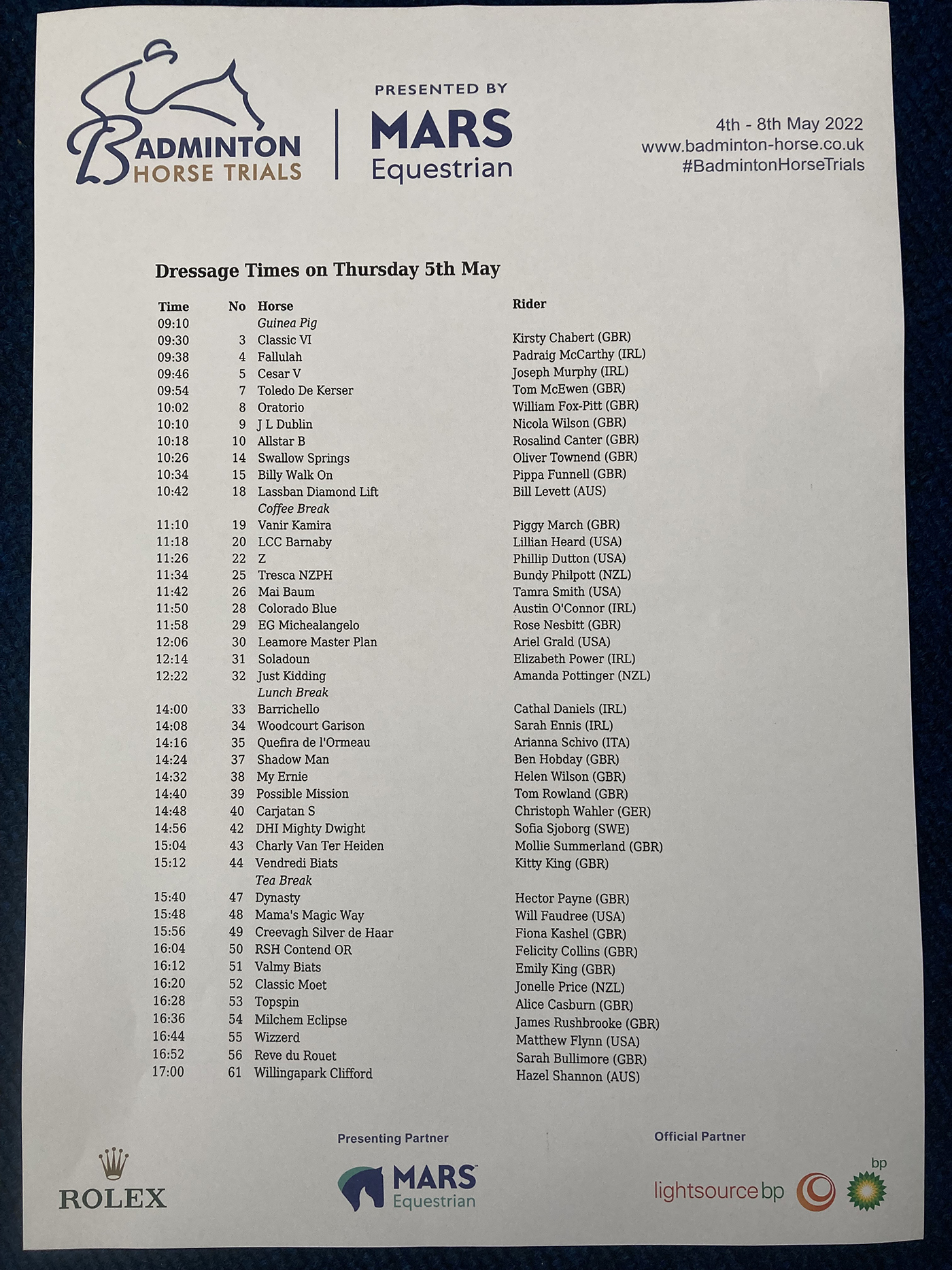 Badminton Horse Trials dressage times 2022