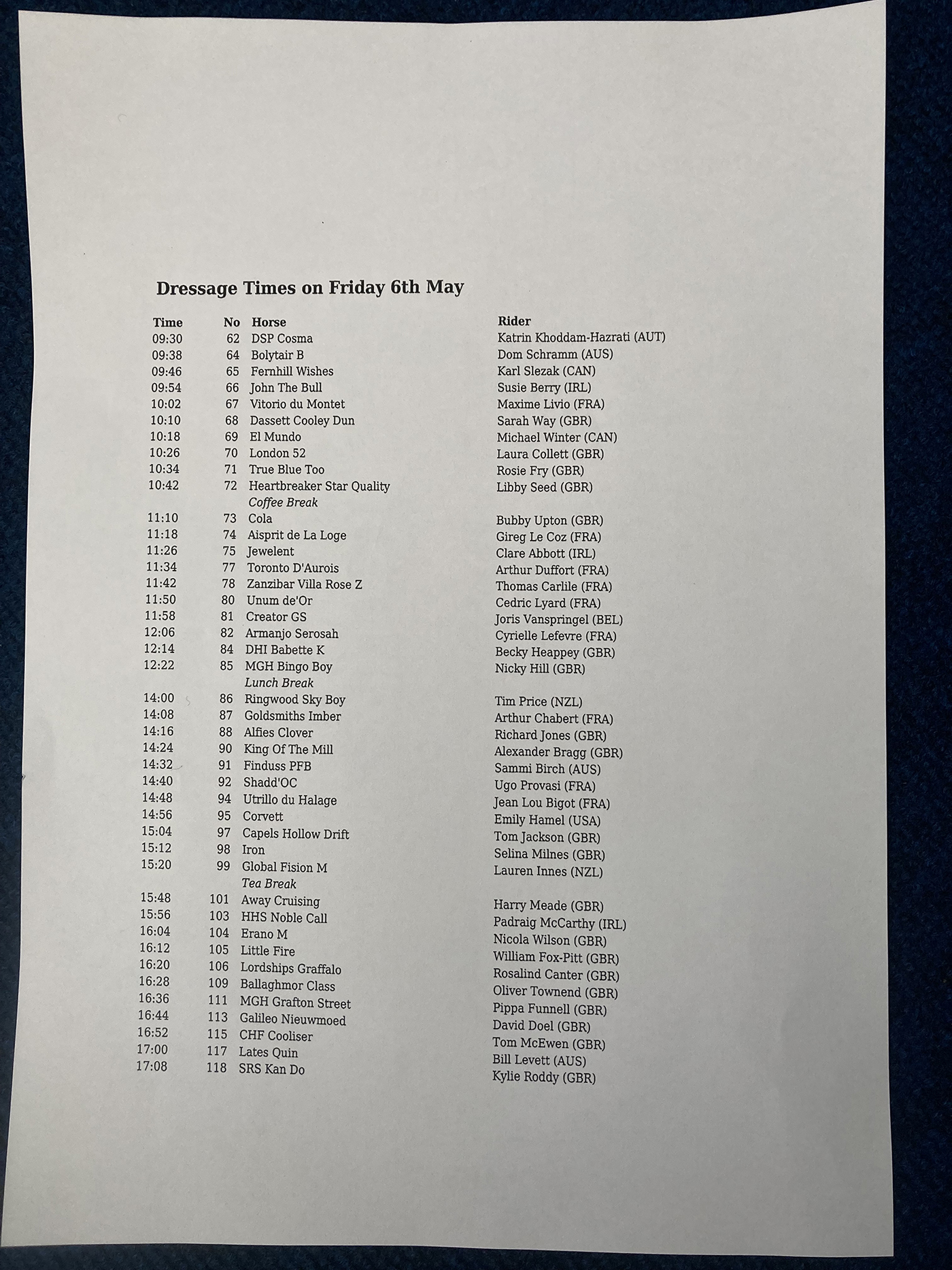 Badminton Horse Trials dressage times 2022
